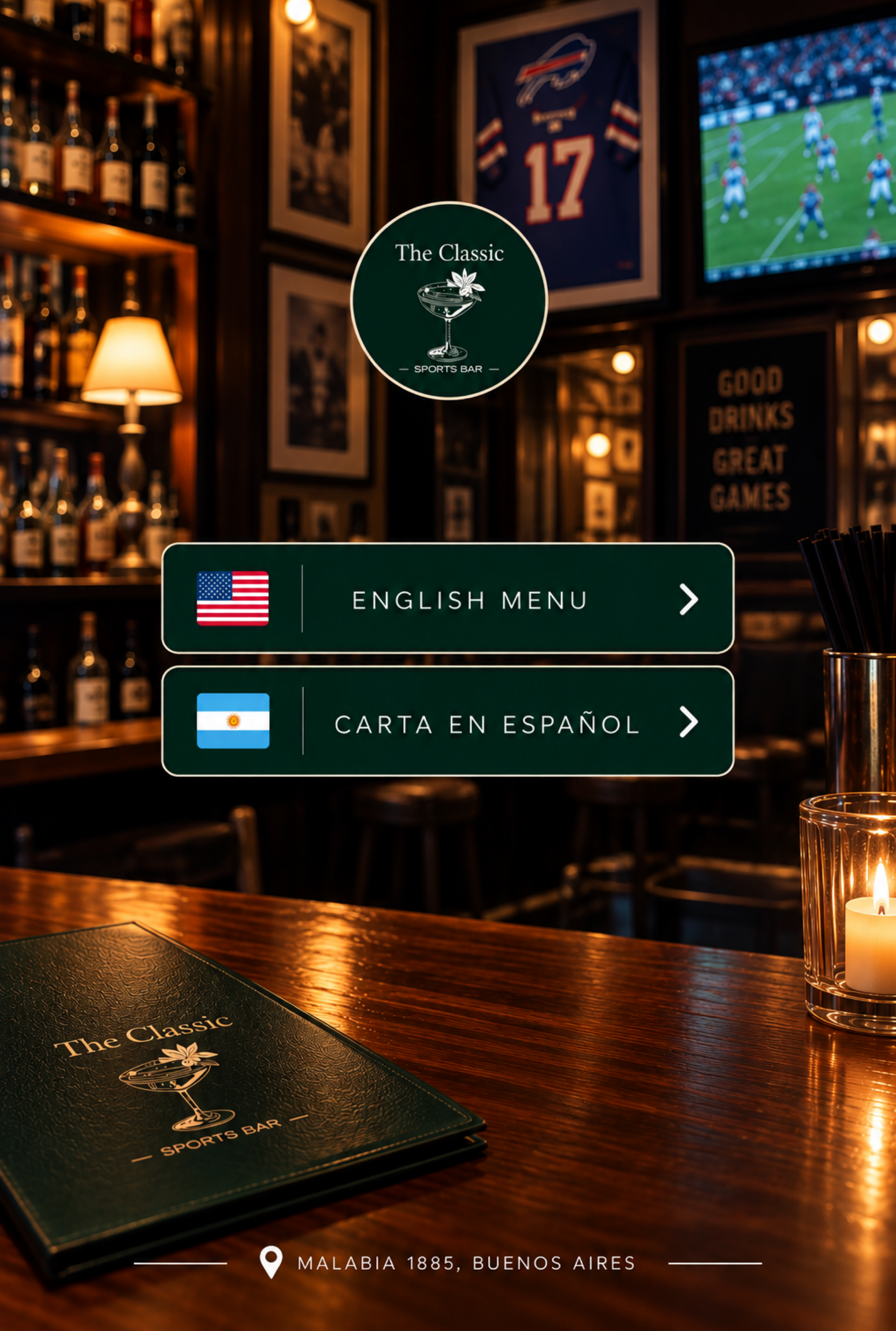 The Classic Sports Bar. Choose English Menu or Carta en Español.